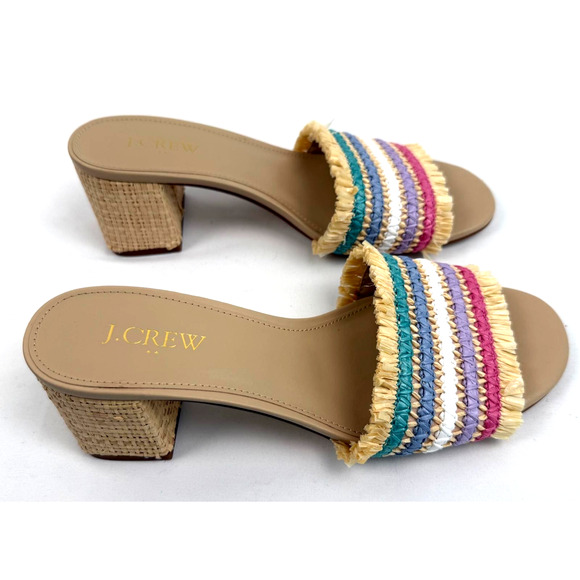 J. Crew Rainbow Raffia Woven Mule Sandals Size 7 Straw Striped Natural Boho $128 - Picture 1 of 8